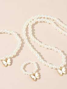 1 Set (3pcs) Butterfly Pendant Pearl Necklace, Bracelet, And Ring Set - White - View 4