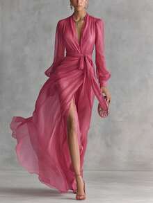 Women's Elegant V Neck Short Sleeve Dress, Split Hem Tie Waist Dress For Office & Wedding - 玫瑰紅 - 查看 2