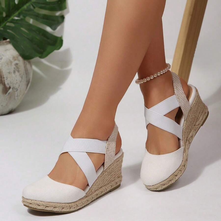 Women's Closed Toe Platform Sandals – Espadrille Wedge Sandals With Crisscross Elastic Ankle Strap Summer Shoes - 白色 - 查看 1