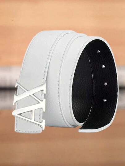 男女通用纯色光滑扣皮带，配银色AX字母锌合金扣，适合日常佩戴