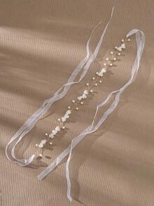 1pc Elegant Faux Pearl & Flower Decor Bridal Hair Vine, Boho Ribbon Tie Headpiece Wedding Hair Accessory For Women - Gold - View 2