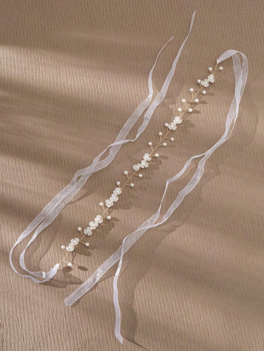1pc Elegant Faux Pearl & Flower Decor Bridal Hair Vine, Boho Ribbon Tie Headpiece Wedding Hair Accessory For Women