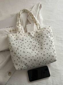Large Capacity Heart Bowknot New Canvas Bag Girl's Versatile Shoulder Fashion Handbag Commuter Tote Bag - White - View 3