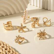 7件套朋克风锌合金海星、向日葵、仿珍珠几何戒指套装，独特礼物，适合女性日常叠戴 - 30835-ring-G - 查看 5