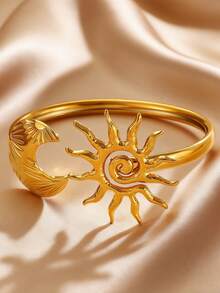 1pc Retro Fashion Original Geometric Crescent Moon & Spiral Sun Oversized Open Bangle Bracelet, Minimalist Versatile Suitable For Daily, Festival, Party, Summer Beach Vacation Wear, Stainless Steel Jewelry Accessory - Golden 3 - View 7