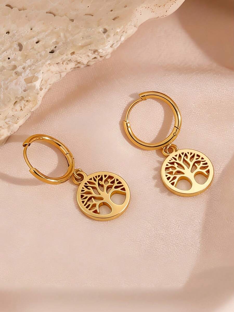 Anting-anting hoop geometris pohon kehidupan dari baja tahan karat yang modis, ringan, mewah, menarik, indah, imut, minimalis, dan unik, cocok untuk pakaian pria dan wanita di musim semi, musim panas, musim gugur, dan musim dingin, untuk bekerja, belajar, kencan, bepergian, konser, pesta, dan berbagai hari libur. - Pohon Kehidupan Emas - View 1
