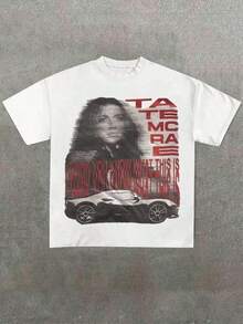 Graphic Cotton T-Shirt "TATE MCRAE" Portrait And Car Graphic White T - Shirt Y2K,Oversize Plus Size Men's S To 5XL,Summer Tee ID8V - 白色 - 查看 1