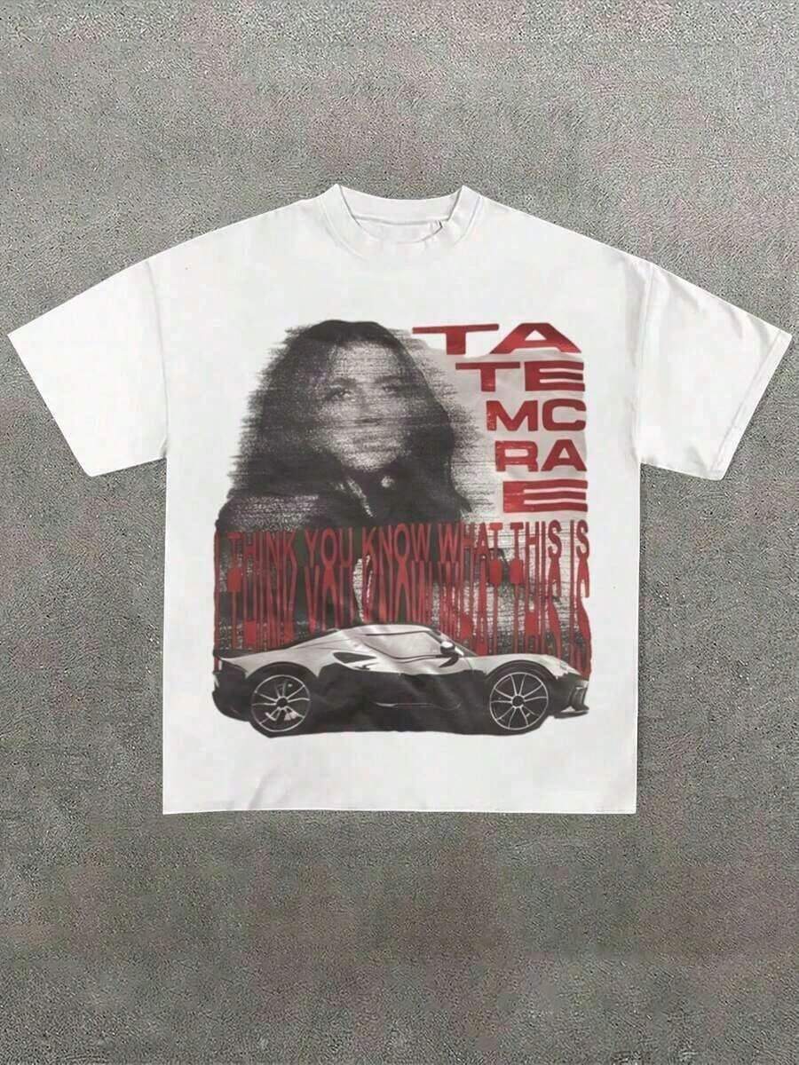 Graphic Cotton T-Shirt "TATE MCRAE" Portrait And Car Graphic White T - Shirt Y2K,Oversize Plus Size Men's S To 5XL,Summer Tee ID8V - 白色 - 查看 1