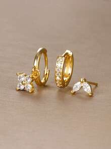 Bộ 3 khuyên tai nữ, khuyên tai vòng hình hoa may mắn bằng đồng đính đá Cubic Zirconia, kiểu dáng cơ bản hàng ngày, thích hợp làm quà tặng sinh nhật. - Vàng - Xem 3