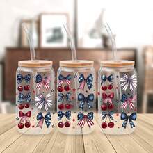 4pcs/Set 4th Of July Bows UV DTF Transfer Stickers For 16oz Libbey Glass Cups (9.4x4.3in), USA American Girly Patriotic Red White Blue Stars Heart Rainbow Waterproof Wraps, Independence Memorial Day Decals No Heat Needed - USA Bows 01 - View 4