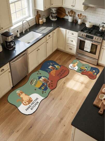 1pc Cute Cat Coffee Theme Kitchen Floor Mat, Washable Long Runner Rug, Irregular Shape, Silica Gel Material, Multiple Sizes Available, Kitchen Rug, Kitchen Mat, Doormat, Small Rug, Carpet, Hallway Rug, Home Decor, Area Rug, Outdoor Mat, Bedroom Carpet, Washable Carpet