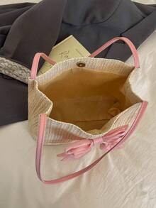 Fashionable Straw Bow Decor Shoulder Bag, Suitable For Girls And Ladies, For Vacation And Beach - Pink - View 6