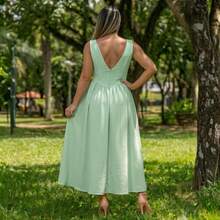 Elegant  Long Dress, Lightweight Fabric, Sizes S, M, L, Simple, Gathered, Suitable For Weddings, Outings, And Parties - Pistachio Green - View 2