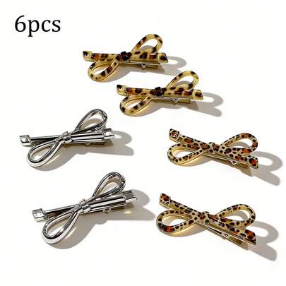 6pcs Leopard Print Bow Hair Clips, Side Bangs Hair Clips, Classic Fashion Elegant Hair Accessories For Daily Use, Suitable For All Seasons, Summer, Holiday, Travel