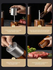 1pc/2pcs/3pcs Stainless Steel & Rosewood Pepper Mill, Manual Spice Grinder For Home Kitchen, Salt & Pepper Shaker - Multicolor - View 8