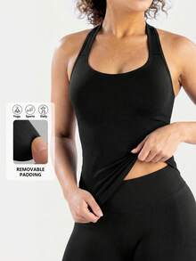 DINBEY Áo ngực thể thao nữ không đường may kiểu racerback với đường viền cổ và khóa kéo phía sau, phù hợp cho yoga, thể dục và tập luyện. - màu đen - Xem 1