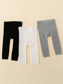3 件裝嬰兒黑白灰色純色條紋四分之九長打底褲適合日常穿著 - 彩色 - 查看 9