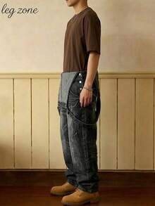 1Pcs Men's Vintage Distressed Baggy Denim Overalls, Loose Straight Leg Streetwear Jeans Jumpsuit, Unisex Casual Denim For Daily Wear - 黑色 - 查看 4