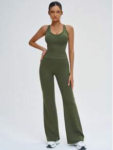 NcmRyu 1 Set Donna Canotta con Spalline Sottili e Schiena Scoperta, Incrocio Frontale e Pantaloni a Zampa Sportivi - Verde militare - Visualizzare 8