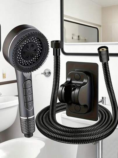 Prague Piano Key High Pressure Handheld Round Shower Head Set With Filter, Includes 59-Inch Flexible Hose And Easy-Install Wall Mount Bracket, Piano Key Design, Modern Style, Full Body Coverage, Suitable For All Seasons, Great For Dry Skin And Hair Care, Essential Accessory For Home, Hotel, Apartment, RV Bathroom, Upgrade Your Shower Experience