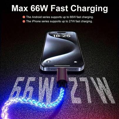 66W RGB渐变快充线，适用于汽车，USB-C/C-C接口，兼容，连接线，延长线