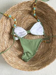 Bikinx Women's Elegant Halter Backless Beaded Bikini Set High Cut Boho Swimwear With Tie Back Details And High Stretch Fabric - Green - View 6