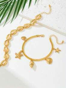 2pcs/Set Fashionable Multi-Layer Chain Shell Anklet For Women, Summer Island Vacation Gift - Gold - View 3