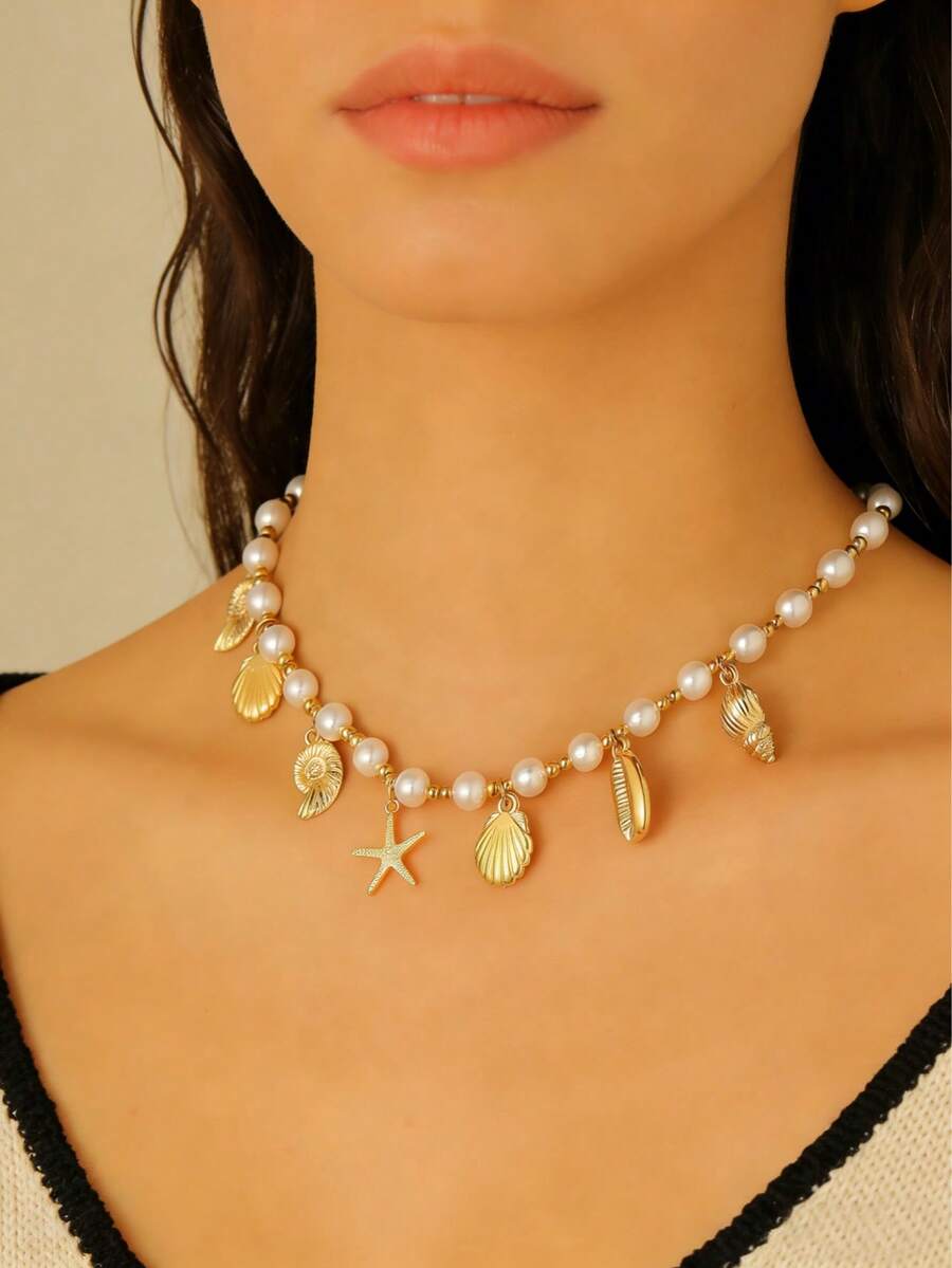 Gold Shell Starfish Pearl Necklace - Bohemian Style Faux Pearl Choker Necklace, Ocean Themed Pendant Jewelry, Suitable For Women/Girls Summer Holiday Party Gift - Gold Version 1 - View 1
