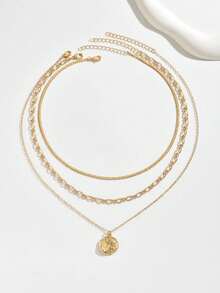 3pcs/Set Simple Versatile Round Pendant Necklace, Gold Plated Handmade Cute Short Clavicle Chain, Multi-Layer Necklace For Women, Suitable For Casual Daily Wear. Handmade Chain Length Can Be Customized. - Gold - View 3