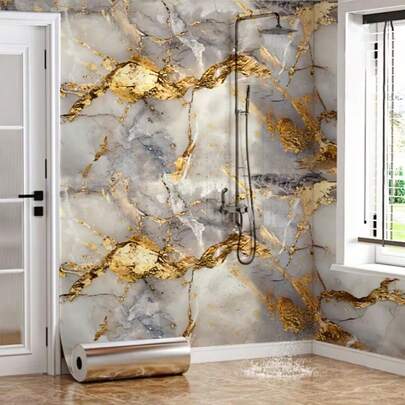 Self-Adhesive Glossy Luxury Gold-Plated Marble Tile Wallpaper, Waterproof And Moisture-Proof, Easy To Peel And Stick, Suitable For Home Renovation, Kitchen, Bathroom, Accent Wall, Office, Store Decoration, Leaves No Residue
