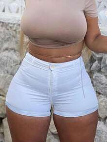 Women's Summer Fashionable High Waist Cuffed All-Match Versatile Denim Shorts Casual Black - White - View 12