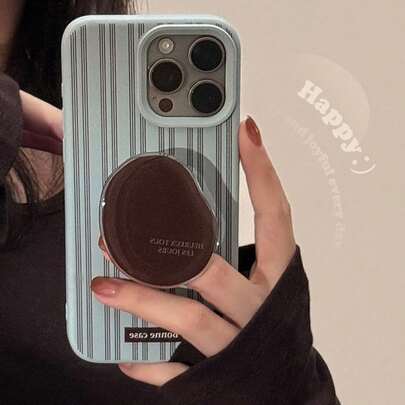 1pc Classic Green & Brown Striped Phone Case + Coffee Bean Decor Stand, Elegant Phone Case, Suitable For Holiday Self-Use Or Gift To Friends, Fits 17 Pro Max, Phone Case, Phone Accessories, Phone Protective Cover, Fits 17 Air 16 15 14 13 Pro Max Plus