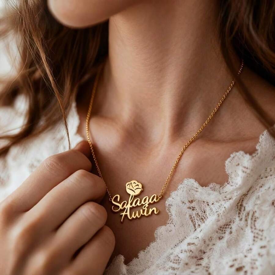 Dây chuyền khắc tên đôi theo yêu cầu với mặt dây chuyền hình hoa và trái tim, dây chuyền tên đôi cá nhân hóa, quà cưới, trang sức bằng thép không gỉ. - Nhiều màu - Xem 1