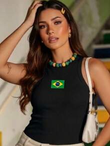Women's Casual Ribbed Tank Top With Flag Print - Summer Copa Brasil - 黑色旗幟 - 查看 2