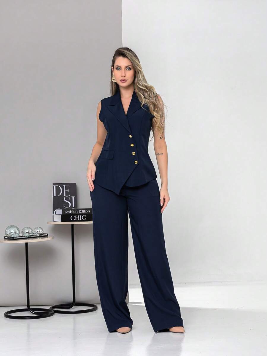 New Tailored Set Consisting Of Vest And Wide-Leg Trousers C6608 - Màu xanh hải quân - Xem 1