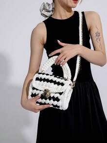 1 pieza Bolso de hombro a cuadros blanco y negro estilo punk hecho a mano, bolso cruzado con cadena, bolso artístico versátil, cadena desmontable, bolso cuadrado de gran capacidad, regalo adecuado para novia o mejor amiga - Multicolor - Ver 2