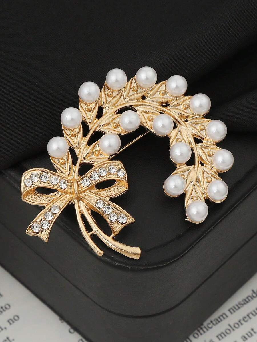 Elegant Fashion Exquisite Cubic Zirconia Faux Pearl Golden Ear Of Wheat Bow Brooch Scarf Suit Coat Dress Headscarf Accessory Daily Vacation Gift