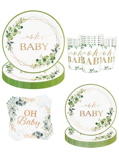 Bộ đồ dùng tiệc mừng em bé gồm 10 món/20 món/50 món/80 món họa tiết cây xanh, trang trí tiệc mừng em bé không phân biệt giới tính với họa tiết cây xanh, đồ dùng tiệc Oh Baby, đĩa giấy, cốc và khăn giấy dùng một lần cho trang trí tiệc theo chủ đề.