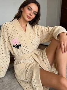 1 chiếc áo choàng tắm nữ bằng vải flannel mềm mại, họa tiết chấm bi, tay dài, ấm áp, thoải mái, dày dặn, chất liệu lông cừu, có họa tiết hoa và thắt lưng, thích hợp cho khách sạn hoặc spa. - Nhiều màu - Xem 5