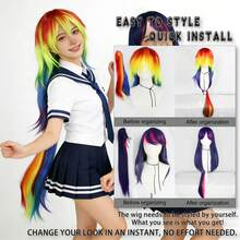 长直深蓝色假发，带粉色挑染和彩虹渐变色，配有可拆卸马尾辫，多色直发，耐热合成纤维，自然刘海，适合女性，可用于动漫展、节日派对和日常佩戴，易于佩戴和造型，是卡通迷和时尚爱好者的绝佳礼物。 - 彩色 - 查看 9