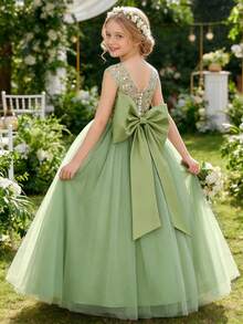 Vestido elegante verde menta con moño para niña preadolescente, vestido de niña de las flores elegante para adolescentes, adecuado para bodas, fiestas, cumpleaños, bailes de graduación y otras ocasiones formales - verde menta - Ver 2