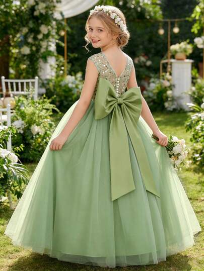Vestido elegante verde menta con moño para niña preadolescente, vestido de niña de las flores elegante para adolescentes, adecuado para bodas, fiestas, cumpleaños, bailes de graduación y otras ocasiones formales