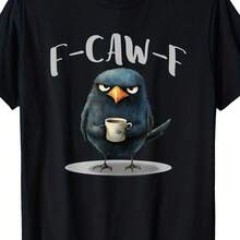 's Funny Crow Coffee F-Kaw-F Slogan T-Shirt - 100% Retro Loose Fit Short Sleeve Tee With Caw-F Wordplay & Crow Graphic, Casual Humor Gift For Bird Lovers, All-Season - Black - View 1