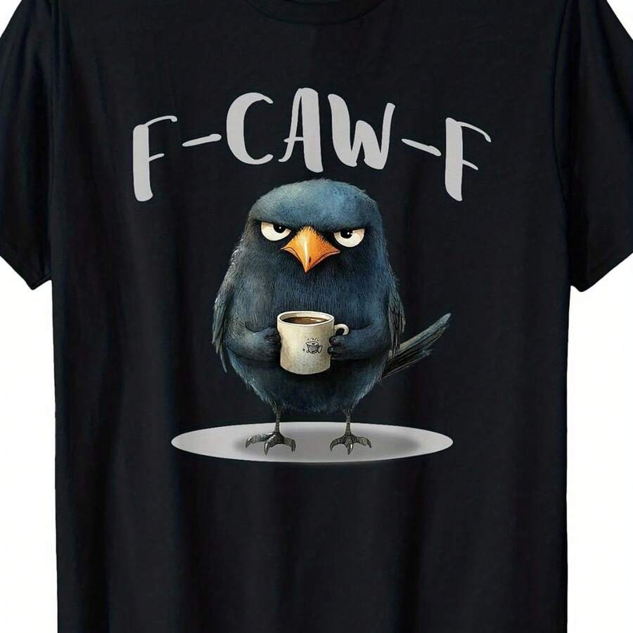 's Funny Crow Coffee F-Kaw-F Slogan T-Shirt - 100% Retro Loose Fit Short Sleeve Tee With Caw-F Wordplay & Crow Graphic, Casual Humor Gift For Bird Lovers, All-Season - Black - View 1