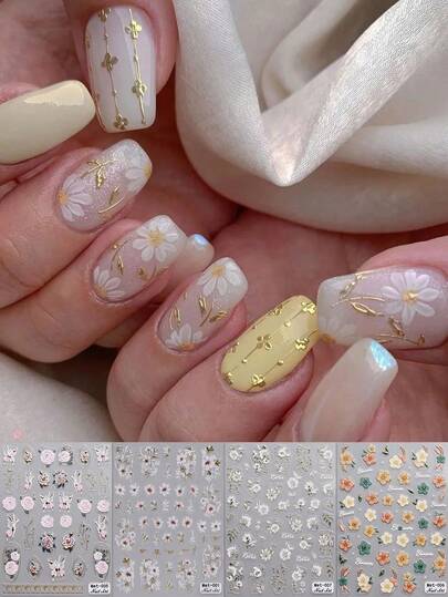 4pcs 5D Lily Of The Valley & Colorful Butterfly Nail Art Stickers - Green & White Romantic Floral Nail Decals - Self-Adhesive Nail Decorations, Suitable For Daily/Wedding/St. Patrick's Day/Spring-Summer/Music Festival DIY Nails