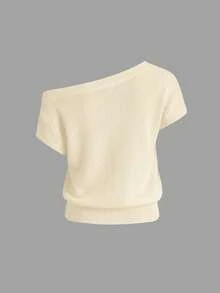 Women's Casual Vacation 2-Piece Set, Elegant Versatile Design, Fitted RibbedFabric, Minimalist Fashionable Off-Shoulder Top Paired With Elastic Waist Straight Shorts, Spring/Summer - Beige - View 9