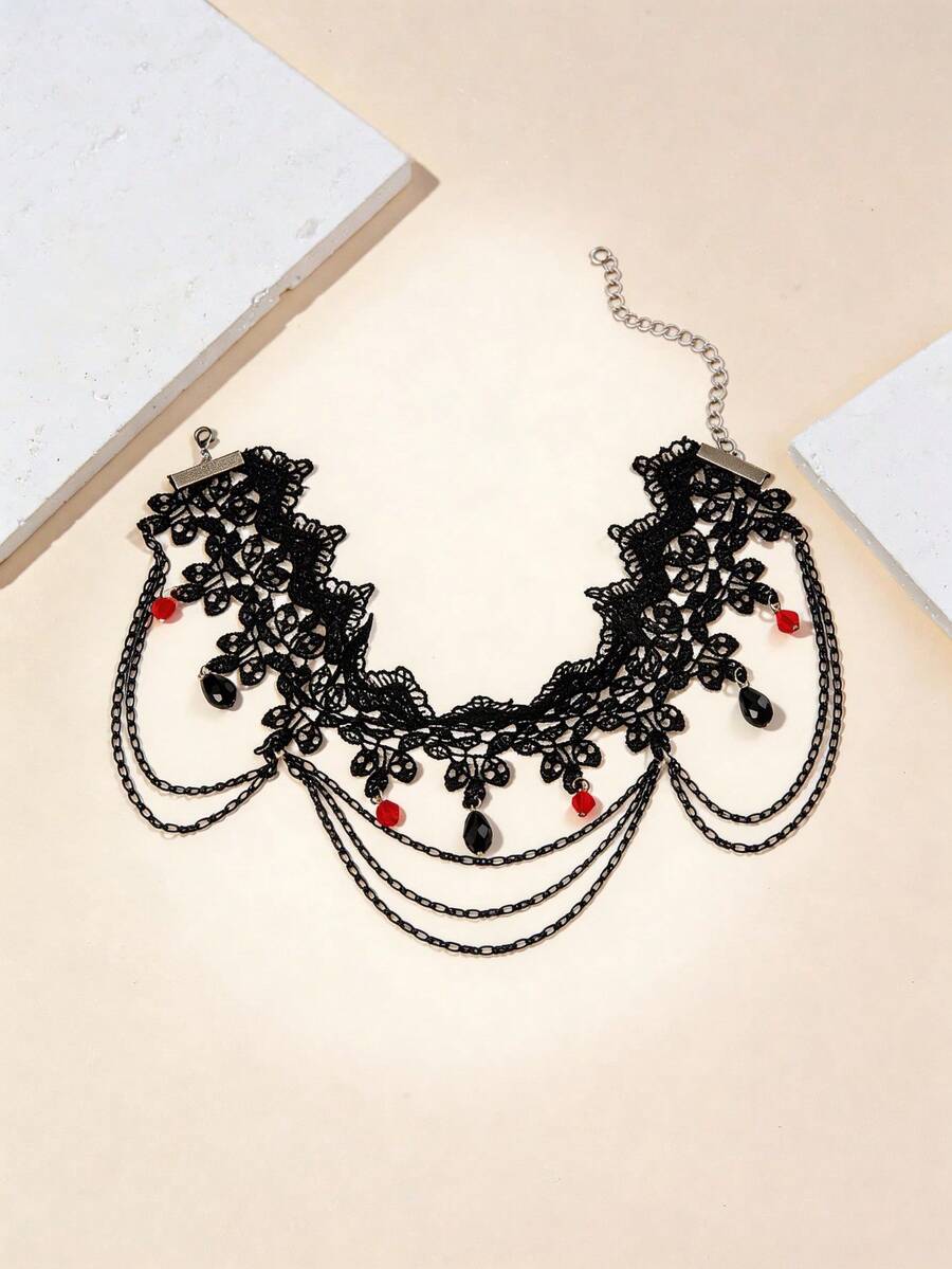 1pc Women's Sexy Multi-Layer Lace Tassel Choker Necklace, Gothic Dark Style Pendant Clavicle Chain - Multicolor - View 1