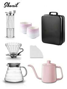 shoxil 3/8/10/14/15pcs Pink & Coffee Color Set With Black Storage Box, Hand Drip Coffee Set, Drip Coffee Set, 2-4 Cups, Suitable For Home Gathering, Holiday Gift, Coffee Set, Coffee Accessories, Applicable To Living Room, Office, Bedroom,Outdoors, Camping, Picnic - Coffee Set - View 15
