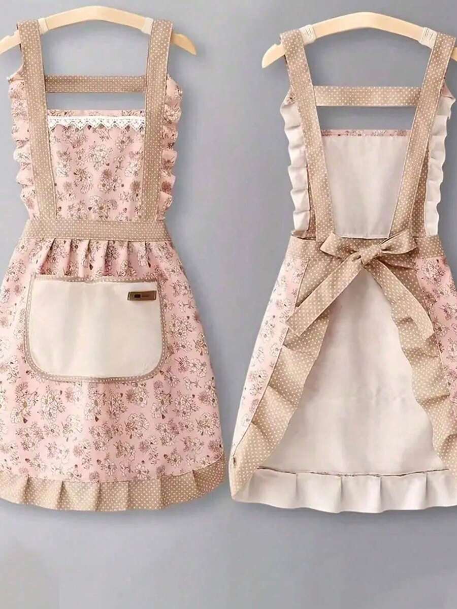1pc Polka Dot & Floral Patchwork Princess Apron, Oil-Resistant Polyester Material With Adjustable Strap And Large Pocket, Suitable For Home Kitchen, Baking, Cafe, Bubble Tea Shop And Catering - Multicolor - View 1