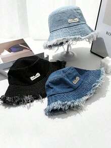 1pc Women's Streetwear Metal Decoration Frayed Brim Casual Fisherman Hat, Versatile Unisex Bucket Hat Daily Wear, Outdoor, Travel, Beach, All Season E1LL - 深藍色 - 查看 3